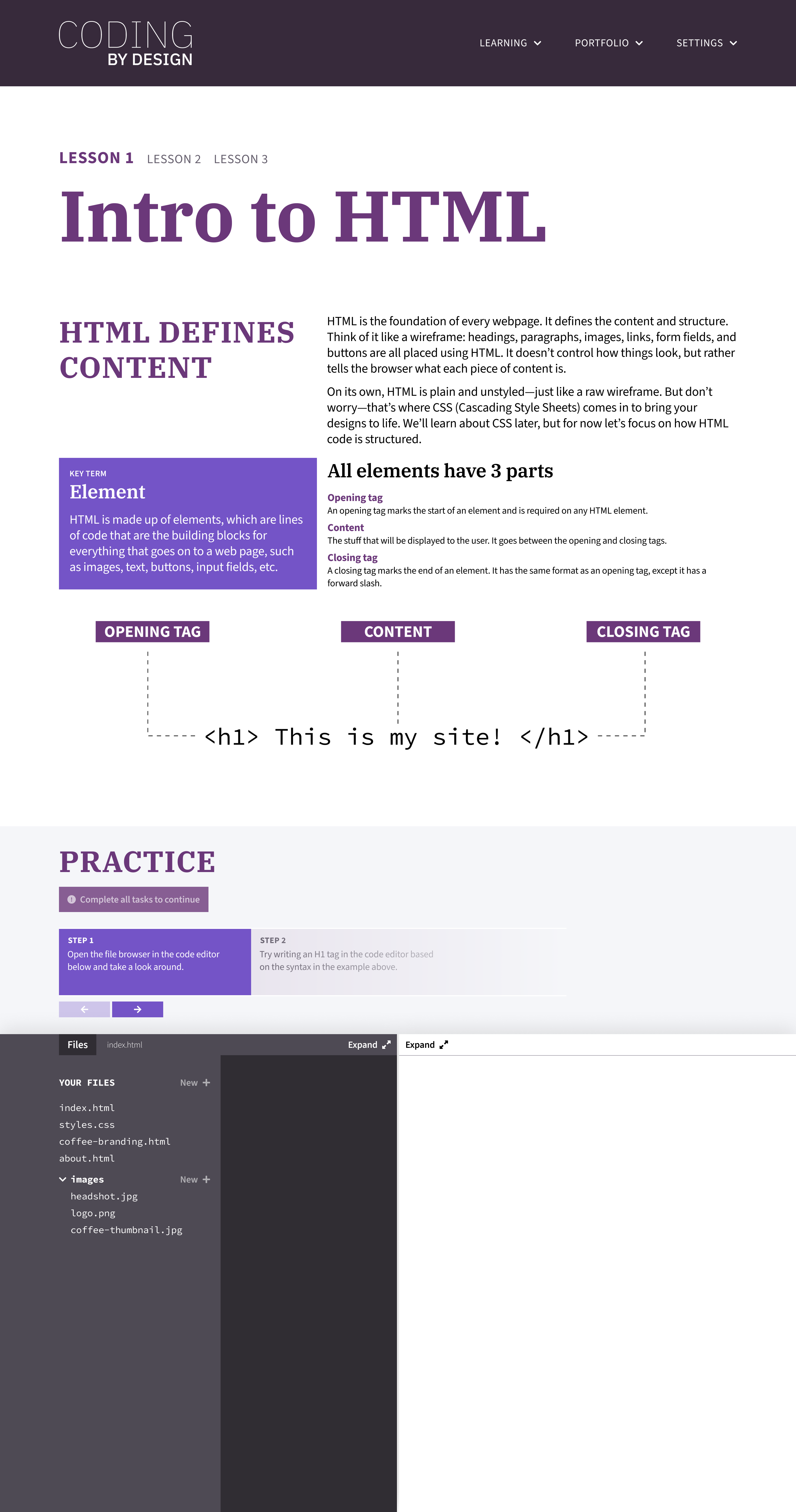 Intro to HTML lesson page.